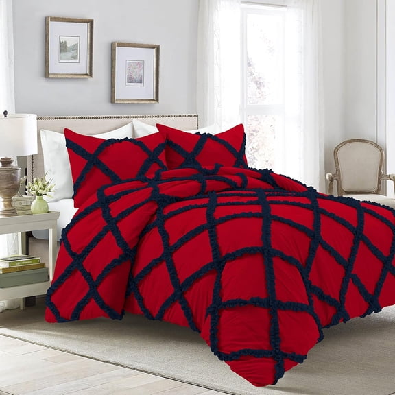 D.N.G. BEDDINGS 5 Piece Luxury Two Tone Diamond Ruffle Pattern Comforter Set Premium Super Soft, All Season 800 Thread Count, 100% Egyptian Cotton, Super King Size Navy Blue/Red Solid Color