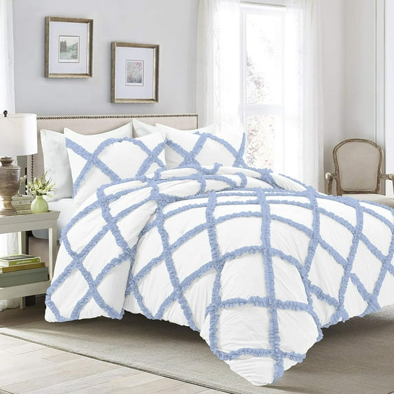 D.N.G. BEDDINGS 5 Piece Luxury Two Tone Diamond Ruffle Pattern Comforter Set Premium Super Soft, All Season 800 Thread Count 100% Egyptian Cotton Twin/Twin XL Size Light Blue/White Solid Color