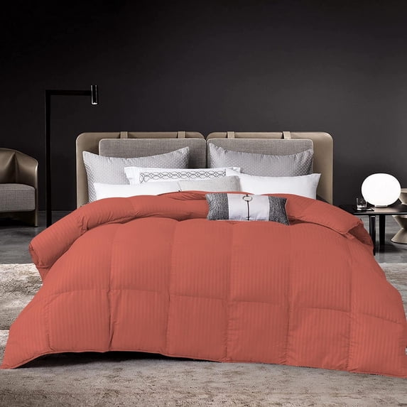 D.N.G. BEDDINGS 800 Thread Count 1 Piece Comforter, 100% Egyptian Cotton Cover, Damask Stripe, Full/Queen Size, Brick Red Color