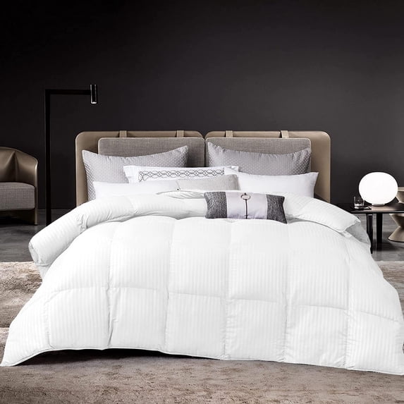 D.N.G. BEDDINGS 800 Thread Count 1 Piece Comforter, 100% Egyptian Cotton Cover, Damask Stripe, King/California King Size, White Color