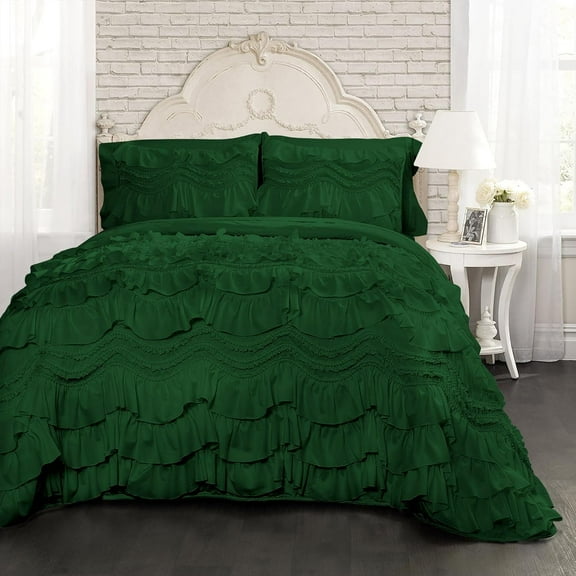 D.N.G. BEDDINGS 800 Thread Counts, 100% Egyptian Cotton, 550 GSM Microfiber filled Quilt Ruffled With Small Pom Pom Textured 1 Piece Full/Queen Size Comforter, Green