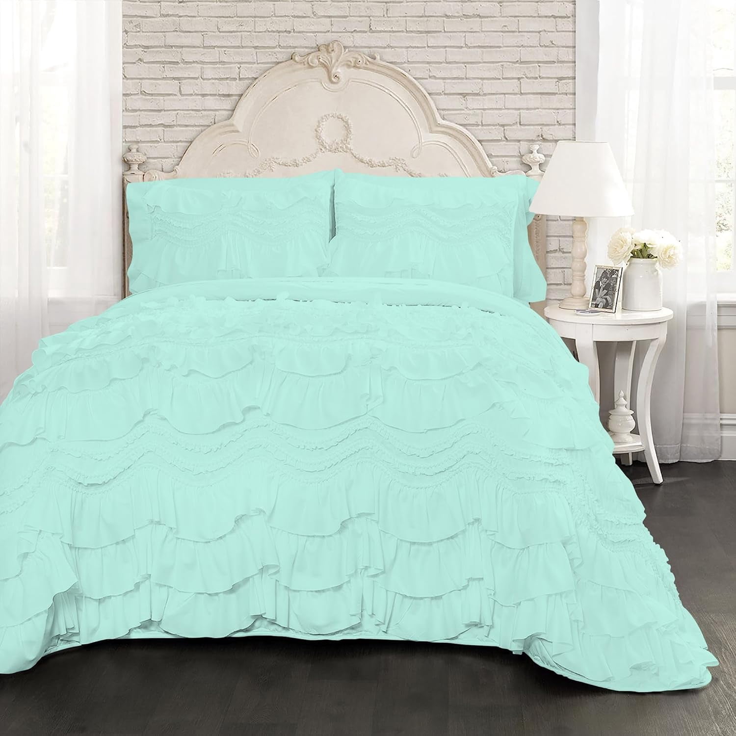 D.N.G. BEDDINGS 800 Thread Counts, 100% Egyptian Cotton, 550 GSM Microfiber filled Quilt Ruffled With Small Pom Pom Textured 1 Piece Full/Queen Size Comforter, Aqua Blue