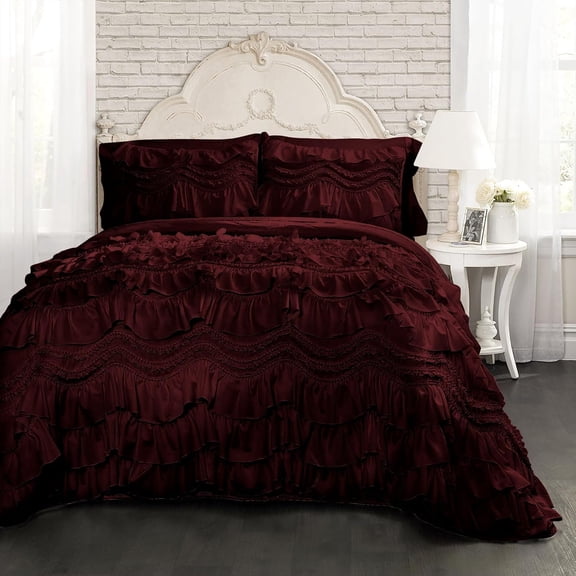 D.N.G. BEDDINGS 800 Thread Counts, 100% Egyptian Cotton, 550 GSM Microfiber filled Quilt Ruffled With Small Pom Pom Textured 1 Piece King/Cal-King Size Comforter, Wine