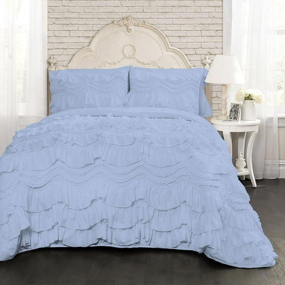 D.N.G. BEDDINGS 800 Thread Counts, 100% Egyptian Cotton, 550 GSM Microfiber filled Quilt Ruffled With Small Pom Pom Textured 1 Piece King/Cal-King Size Comforter, Light Blue