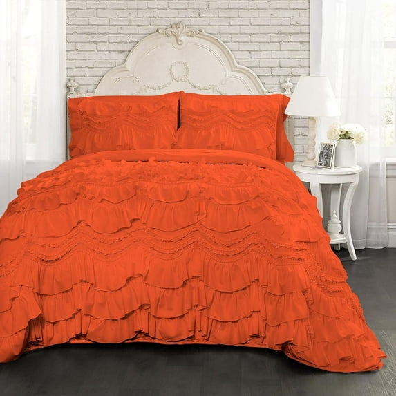 D.N.G. BEDDINGS 800 Thread Counts, 100% Egyptian Cotton, 550 GSM Microfiber filled Quilt Ruffled With Small Pom Pom Textured 1 Piece Oversized Super King Size Comforter, Orange