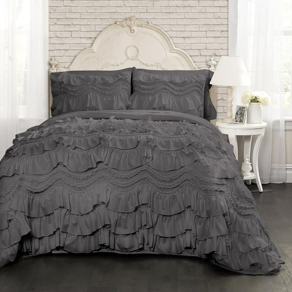 D.N.G. BEDDINGS 800 Thread Counts, 100% Egyptian Cotton, 550 GSM Microfiber filled Quilt Ruffled With Small Pom Pom Textured 1 Piece Oversized Super King Size Comforter, Dark Grey