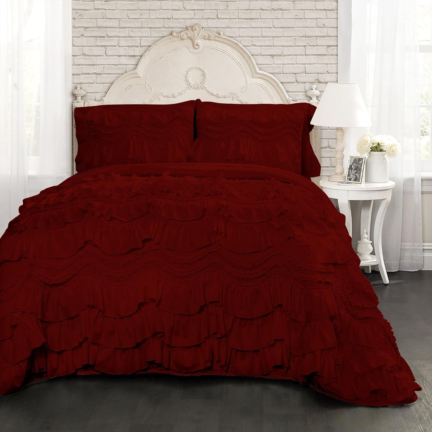 D.N.G. BEDDINGS 800 Thread Counts, 100% Egyptian Cotton, 550 GSM Microfiber filled Quilt Ruffled With Small Pom Pom Textured 1 Piece Twin/TwinXL Size Comforter, Burgundy