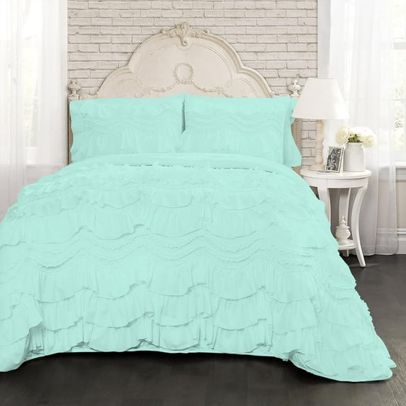 D.N.G. BEDDINGS 800 Thread Counts, 100% Egyptian Cotton, 550 GSM Microfiber filled Quilt Ruffled With Small Pom Pom Textured 1 Piece Twin/TwinXL Size Comforter, Aqua Blue