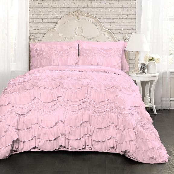 D.N.G. BEDDINGS 800 Thread Counts, 100% Egyptian Cotton, 550 GSM Microfiber filled Quilt Ruffled With Small Pom Pom Textured 1 Piece Twin/TwinXL Size Comforter, Light Pink