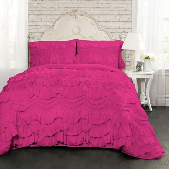 D.N.G. BEDDINGS 800 Thread Counts, 100% Egyptian Cotton, 550 GSM Microfiber filled Quilt Ruffled With Small Pom Pom Textured 3 Piece Full/Queen Size Comforter Set, Hot Pink