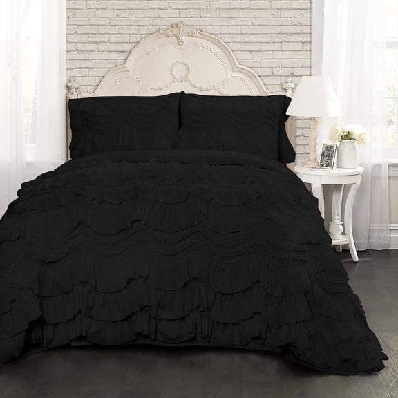D.N.G. BEDDINGS 800 Thread Counts, 100% Egyptian Cotton, 550 GSM Microfiber filled Quilt Ruffled With Small Pom Pom Textured 3 Piece King/Cal-King Size Comforter Set, Black