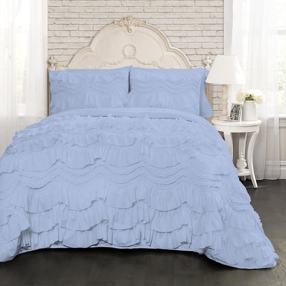 D.N.G. BEDDINGS 800 Thread Counts, 100% Egyptian Cotton, 550 GSM Microfiber filled Quilt Ruffled With Small Pom Pom Textured 3 Piece King/Cal-King Size Comforter Set, Light Blue