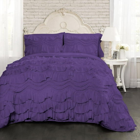 D.N.G. BEDDINGS 800 Thread Counts, 100% Egyptian Cotton, 550 GSM Microfiber filled Quilt Ruffled With Small Pom Pom Textured 3 Piece Super King Size Comforter Set, Purple