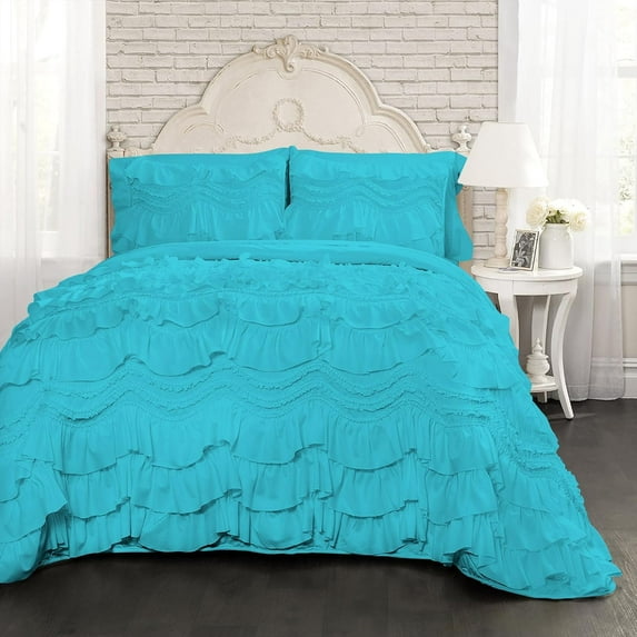 D.N.G. BEDDINGS 800 Thread Counts, 100% Egyptian Cotton, 550 GSM Microfiber filled Quilt Ruffled With Small Pom Pom Textured 3 Piece Twin/TwinXL Size Comforter Set, Turquoise Blue