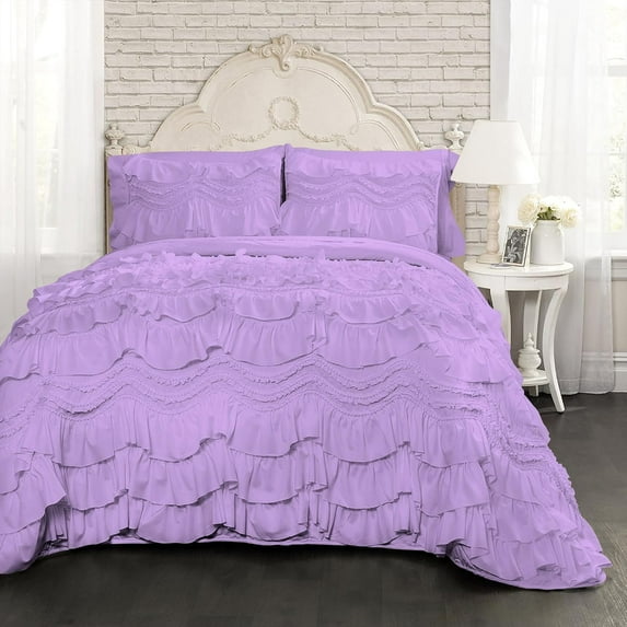 D.N.G. BEDDINGS 800 Thread Counts, 100% Egyptian Cotton, 550 GSM Microfiber filled Quilt Ruffled With Small Pom Pom Textured 3 Piece Twin/TwinXL Size Comforter Set, Lilac