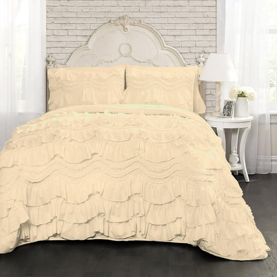 D.N.G. BEDDINGS 800 Thread Counts, 100% Egyptian Cotton, 550 GSM Microfiber filled Quilt Ruffled With Small Pom Pom Textured 5 Piece Full/Queen Size Comforter Set, Ivory