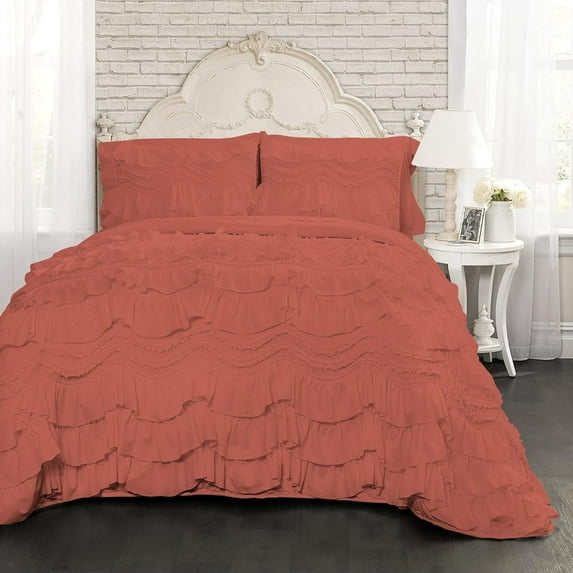 D.N.G. BEDDINGS 800 Thread Counts, 100% Egyptian Cotton, 550 GSM Microfiber filled Quilt Ruffled With Small Pom Pom Textured 5 Piece King/Cal-King Size Comforter Set, Brick Red