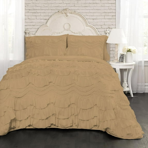 D.N.G. BEDDINGS 800 Thread Counts, 100% Egyptian Cotton, 550 GSM Microfiber filled Quilt Ruffled With Small Pom Pom Textured 5 Piece King/Cal-King Size Comforter Set, Taupe
