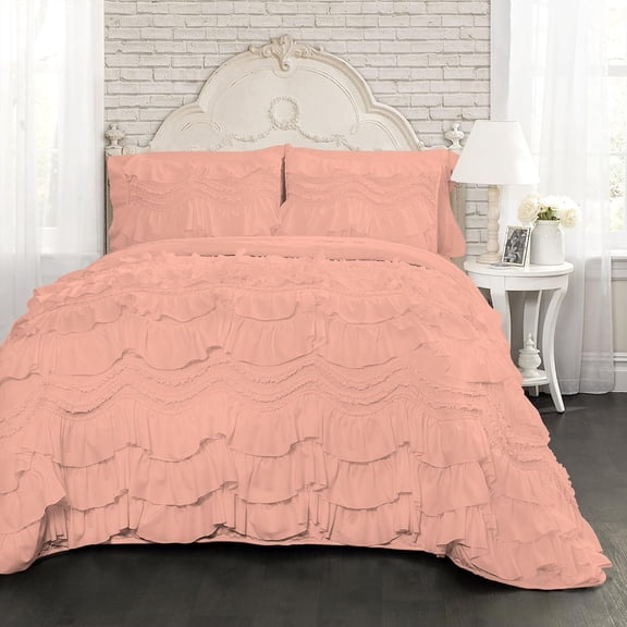 D.N.G. BEDDINGS 800 Thread Counts, 100% Egyptian Cotton, 550 GSM Microfiber filled Quilt Ruffled With Small Pom Pom Textured 5 Piece Oversized Super King Size Comforter Set, Peach