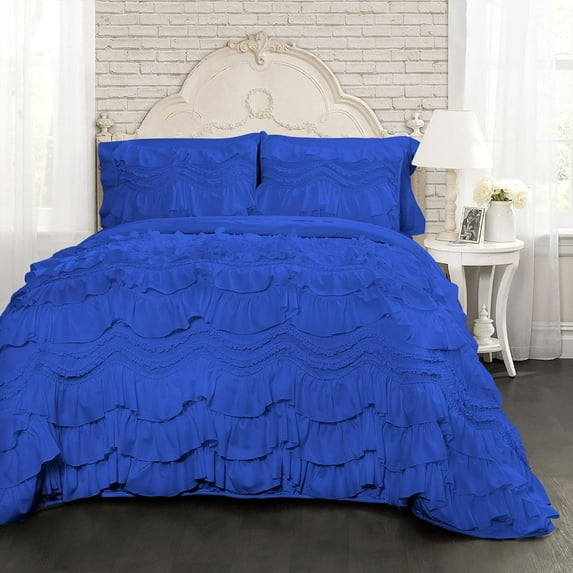 D.N.G. BEDDINGS 800 Thread Counts, 100% Egyptian Cotton, 550 GSM Microfiber filled Quilt Ruffled With Small Pom Pom Textured 5 Piece Super King Size Comforter Set, Royal Blue