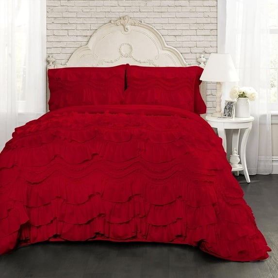 D.N.G. BEDDINGS 800 Thread Counts, 100% Egyptian Cotton, 550 GSM Microfiber filled Quilt Ruffled With Small Pom Pom Textured 5 Piece Super King Size Comforter Set, Red