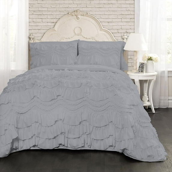 D.N.G. BEDDINGS 800 Thread Counts, 100% Egyptian Cotton, 550 GSM Microfiber filled Quilt Ruffled With Small Pom Pom Textured 5 Piece Super King Size Comforter Set, Silver
