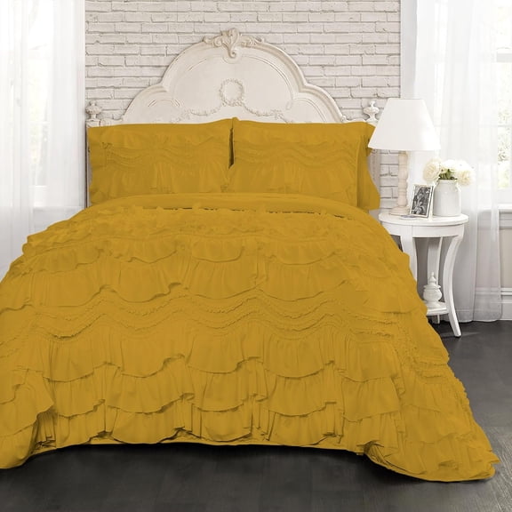 D.N.G. BEDDINGS 800 Thread Counts, 100% Egyptian Cotton, 550 GSM Microfiber filled Quilt Ruffled With Small Pom Pom Textured 5 Piece Super King Size Comforter Set, Golden