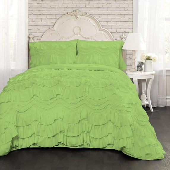 D.N.G. BEDDINGS 800 Thread Counts, 100% Egyptian Cotton, 550 GSM Microfiber filled Quilt Ruffled With Small Pom Pom Textured 5 Piece Twin/TwinXL Size Comforter Set, Sage