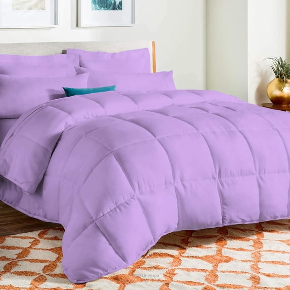 D.N.G. BEDDINGS Deluxe All Seasons Full/Queen Size 800 Thread Count, Solid Lavender Down Alternative 5 Piece Box Design Comforter Set 100% Egyptian Cotton