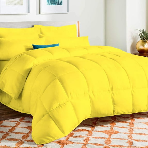 D.N.G. BEDDINGS Deluxe All Seasons Full/Queen Size 800 Thread Count, Solid Yellow Down Alternative 3 Piece Box Design Comforter Set 100% Egyptian Cotton