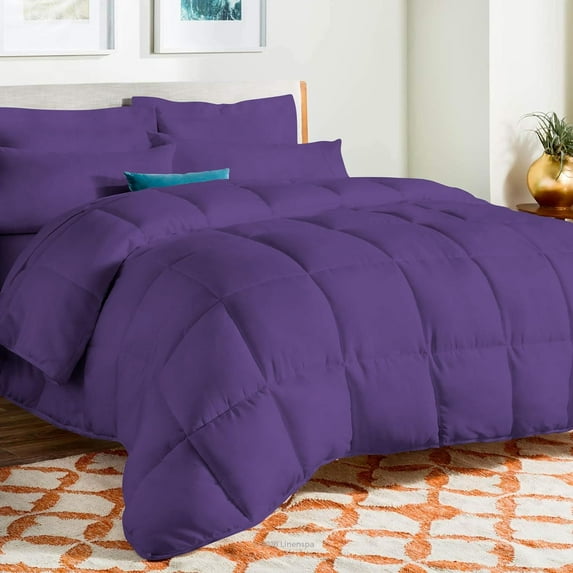 D.N.G. BEDDINGS Deluxe All Seasons King/Cal King Size 800 Thread Count, Solid Purple Down Alternative 3 Piece Box Design Comforter Set 100% Egyptian Cotton