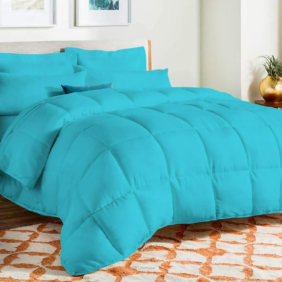 D.N.G. BEDDINGS Deluxe All Seasons Oversized Super King Size 800 Thread Count, Solid Turquoise Blue Down Alternative 1 Piece Box Design Comforter Set 100% Egyptian Cotton