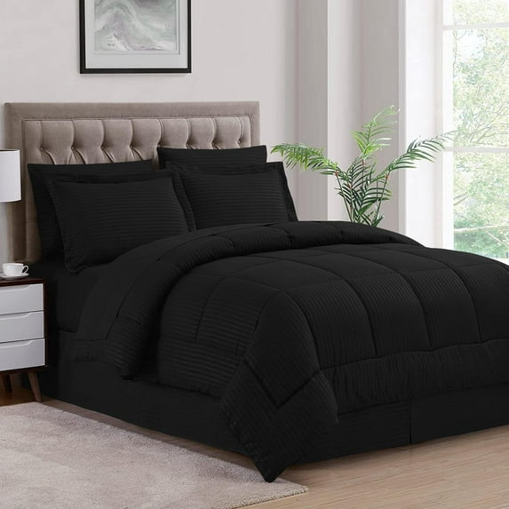 D.N.G. BEDDINGS Full/Queen Size 800 Thread Count, 100% Egyptian Cotton, Black Premium Hotal Quality, 5 Piece Box Design Striped Comforter Set