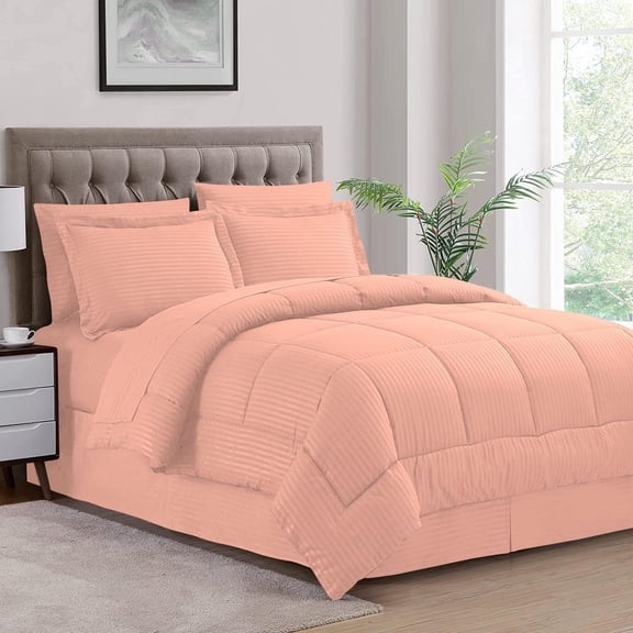 D.N.G. BEDDINGS Full/Queen Size 800 Thread Count, 100% Egyptian Cotton, Peach Premium Hotal Quality, 3 Piece Box Design Striped Comforter Set