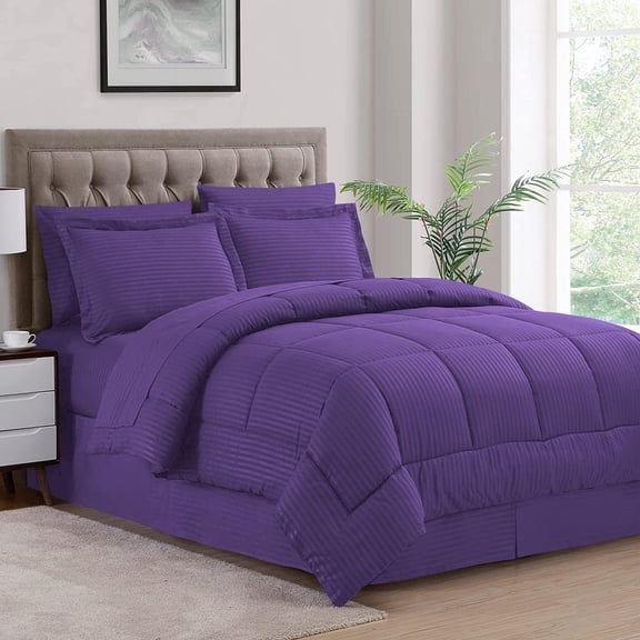 D.N.G. BEDDINGS Full/Queen Size 800 Thread Count, 100% Egyptian Cotton, Purple Premium Hotal Quality, 3 Piece Box Design Striped Comforter Set
