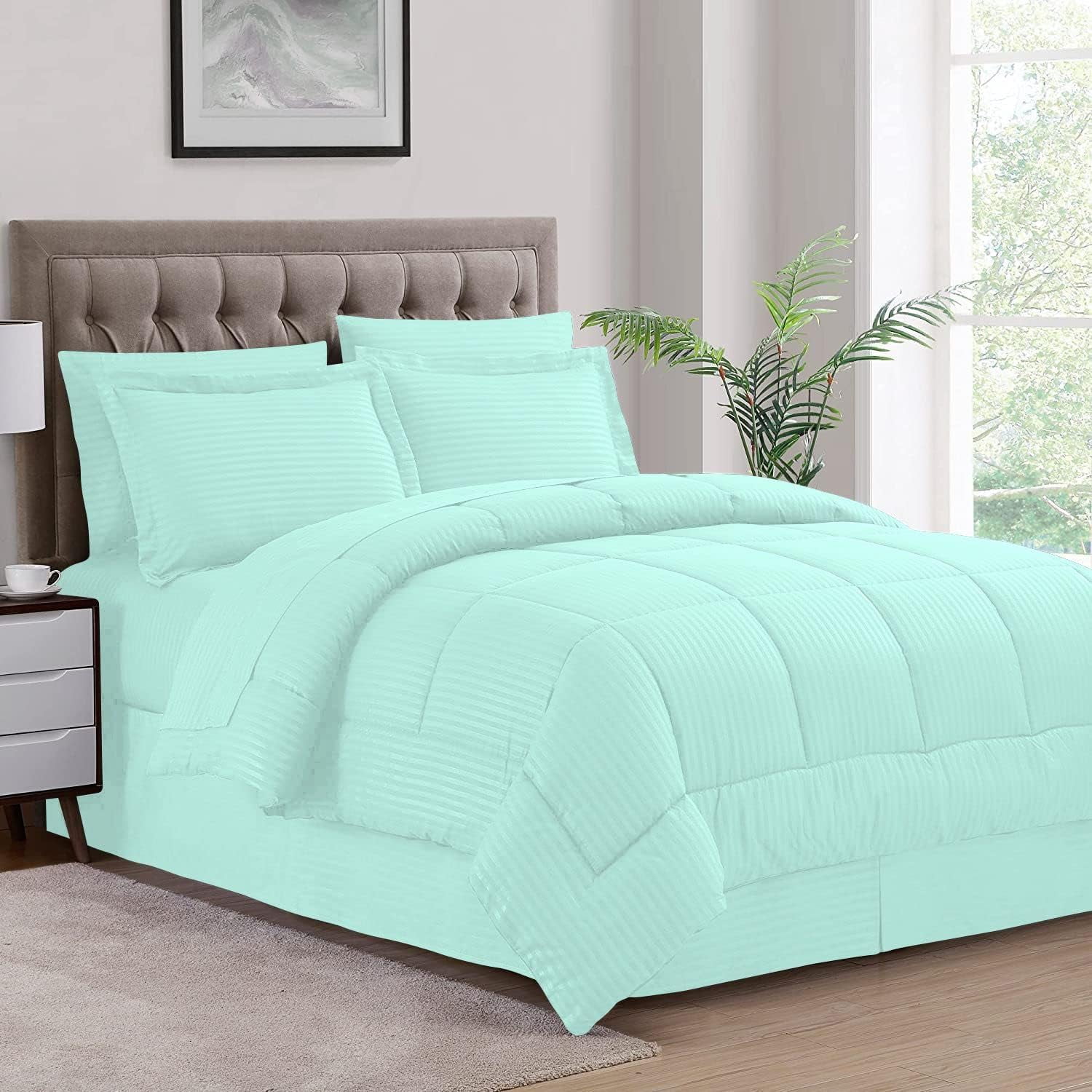 D.N.G. BEDDINGS King/Cal King Size 800 Thread Count, 100% Egyptian Cotton, Aqua Blue Premium Hotal Quality, 5 Piece Box Design Striped Comforter Set