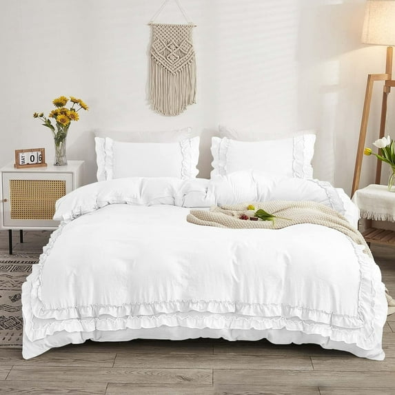 D.N.G. BEDDINGS Luxurious 1 Piece Double Ruffle Duvet Cover With Zipper Closure, 100% Egyptian Cotton, 800 Thread Cotton Full/Queen Size White Solid