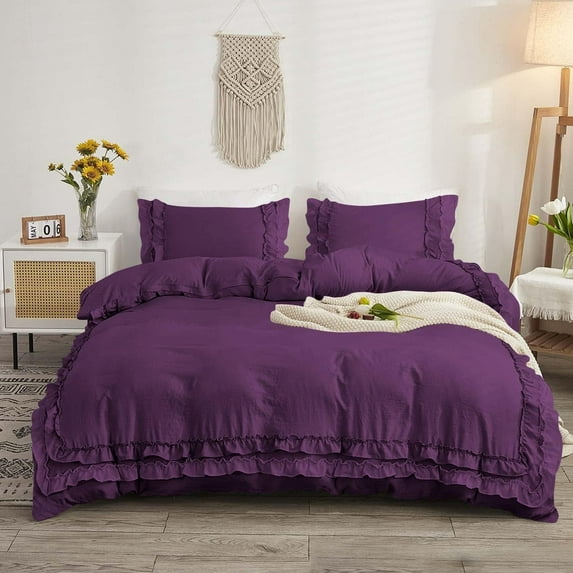 D.N.G. BEDDINGS Luxurious 1 Piece Double Ruffle Duvet Cover With Zipper Closure, 100% Egyptian Cotton, 800 Thread Cotton Super King Size Plum Solid
