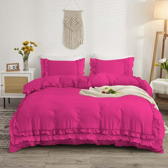 D.N.G. BEDDINGS Luxurious 1 Piece Double Ruffle Duvet Cover With Zipper Closure, 100% Egyptian Cotton, 800 Thread Cotton King/Cal King Size Hot Pink Solid