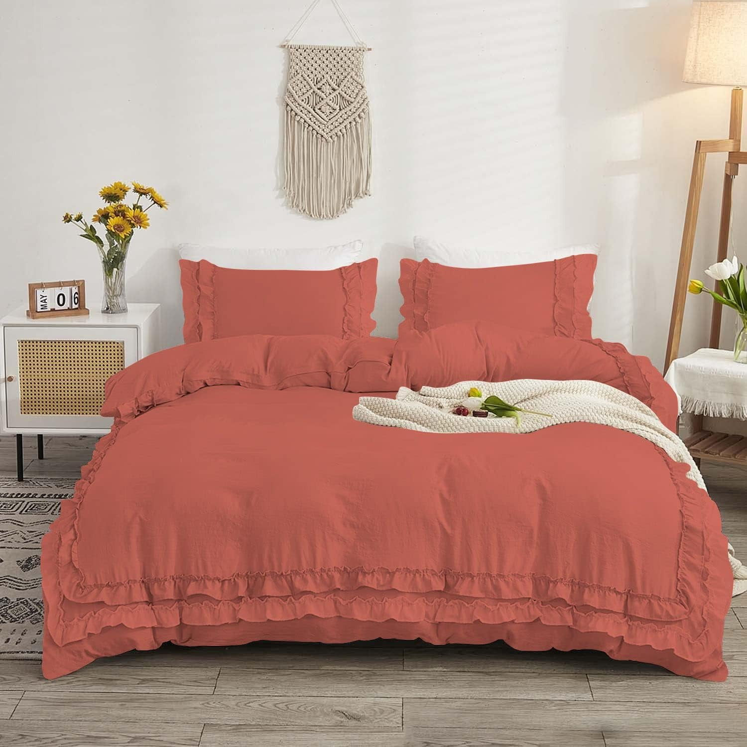 D.N.G. BEDDINGS Luxurious 1 Piece Double Ruffle Duvet Cover With Zipper Closure, 100% Egyptian Cotton, 800 Thread Cotton Oversized Super King Brick Red Solid