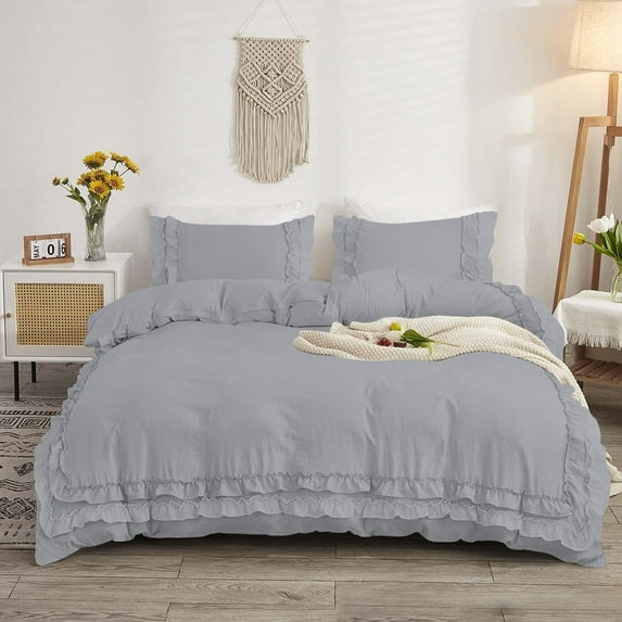 D.N.G. BEDDINGS Luxurious 1 Piece Double Ruffle Duvet Cover With Zipper Closure, 100% Egyptian Cotton, 800 Thread Cotton Oversized Super King Silver Solid