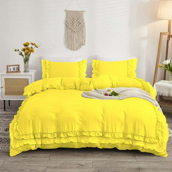 D.N.G. BEDDINGS Luxurious 1 Piece Double Ruffle Duvet Cover With Zipper Closure, 100% Egyptian Cotton, 800 Thread Cotton Oversized Super King Yellow Solid