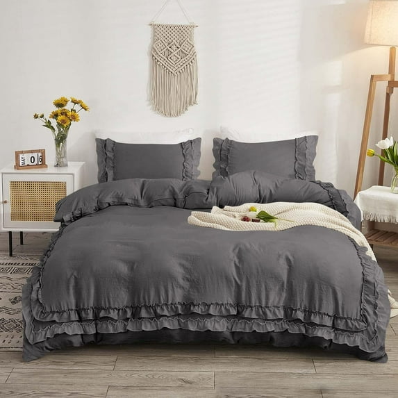D.N.G. BEDDINGS Luxurious 1 Piece Double Ruffle Duvet Cover With Zipper Closure, 100% Egyptian Cotton, 800 Thread Cotton Super King Size Dark Grey Solid