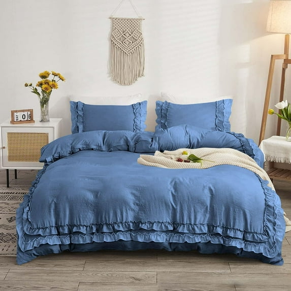 D.N.G. BEDDINGS Luxurious 1 Piece Double Ruffle Duvet Cover With Zipper Closure, 100% Egyptian Cotton, 800 Thread Cotton Super King Size Medium Blue Solid
