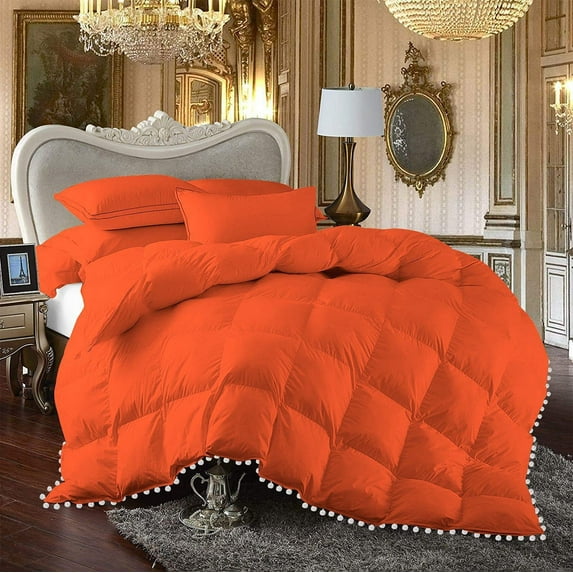 D.N.G. BEDDINGS Luxurious 1 Piece Pom Pom Box Design Comforter, 800 Thread Count, 100% Egyptian Cotton, White Vintage Pom-Pom Fringe (Oversized Super King Size Solid Orange Color)