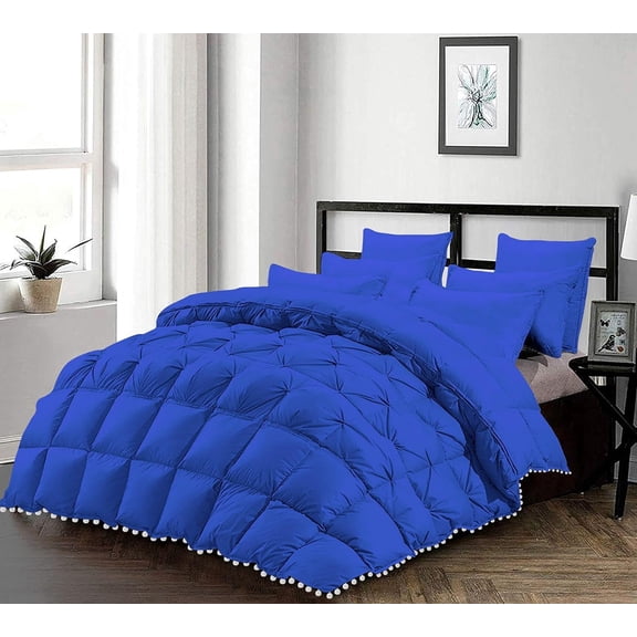 D.N.G. BEDDINGS Luxurious 1 Piece Pom Pom Half Pinch Pleated Comforter, 800 TC, 100% Egyptian Cotton, White Vintage Pom-Pom Fringe (King/California King Size Solid Royal Blue Color)
