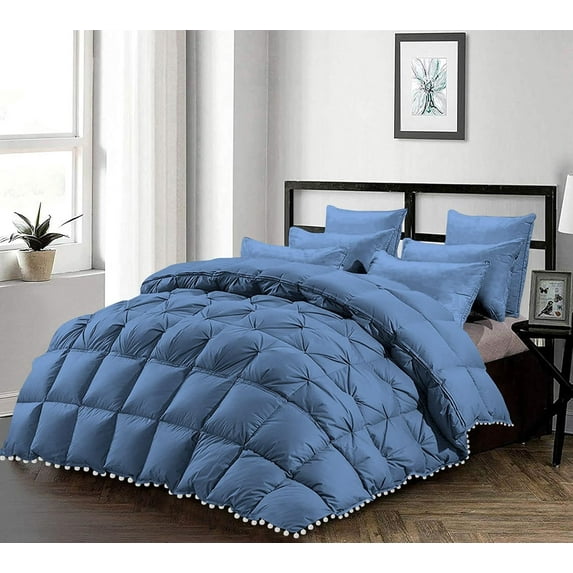 D.N.G. BEDDINGS Luxurious 1 Piece Pom Pom Half Pinch Pleated Comforter, 800 TC, 100% Egyptian Cotton, White Vintage Pom-Pom Fringe (Oversized Super King Size Solid Medium Blue Color)