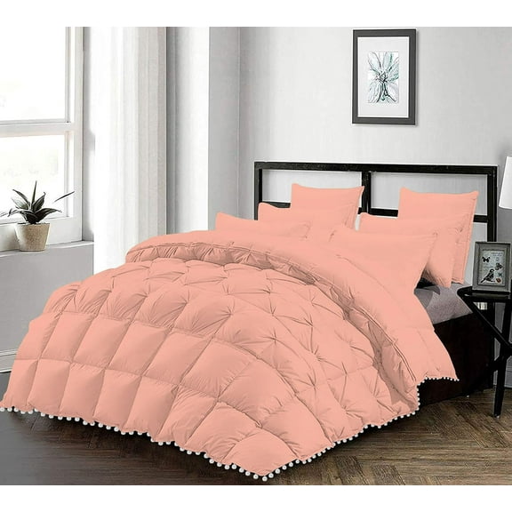 D.N.G. BEDDINGS Luxurious 1 Piece Pom Pom Half Pinch Pleated Comforter, 800 Thread Count, 100% Egyptian Cotton, White Vintage Pom-Pom Fringe Super Soft (Full/Queen Size Solid Peach Color)