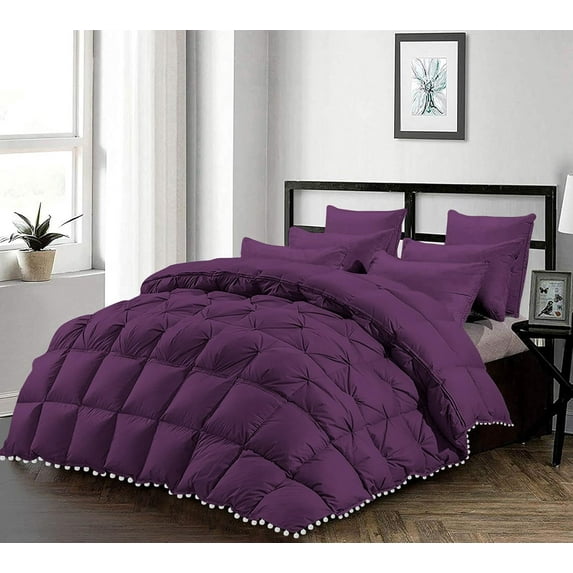 D.N.G. BEDDINGS Luxurious 1 Piece Pom Pom Half Pinch Pleated Comforter, 800 Thread Count, 100% Egyptian Cotton, White Vintage Pom-Pom Fringe Super Soft (Full/Queen Size Solid Plum Color)