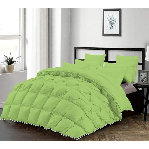 D.N.G. BEDDINGS Luxurious 1 Piece Pom Pom Half Pinch Pleated Comforter, 800 Thread Count, 100% Egyptian Cotton, White Vintage Pom-Pom Fringe Super Soft (King/California King Size Solid Sage Color)